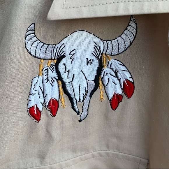 Vintage Ely Embroidered Steer Skull Western Cowboy Black Snap Button Shirt - Picture 2 of 5